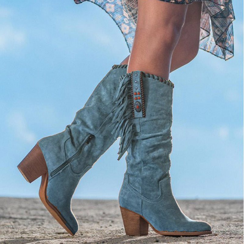 Western Fringe Boots  Suede Knee High Block Heel - Product detail 4