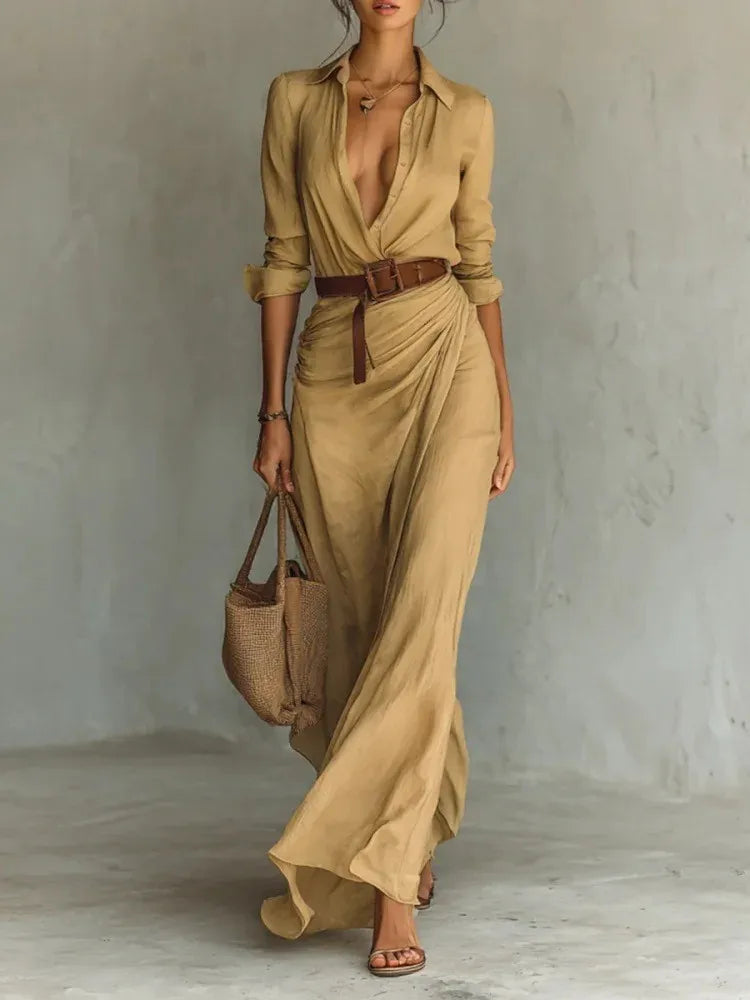Elegante abito camicia lungo con cintura