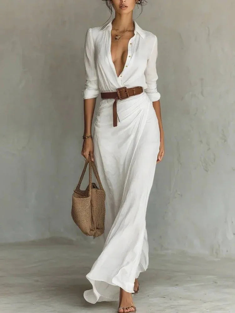 Elegante abito camicia lungo con cintura