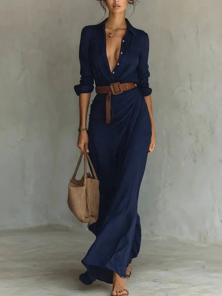 Elegante abito camicia lungo con cintura