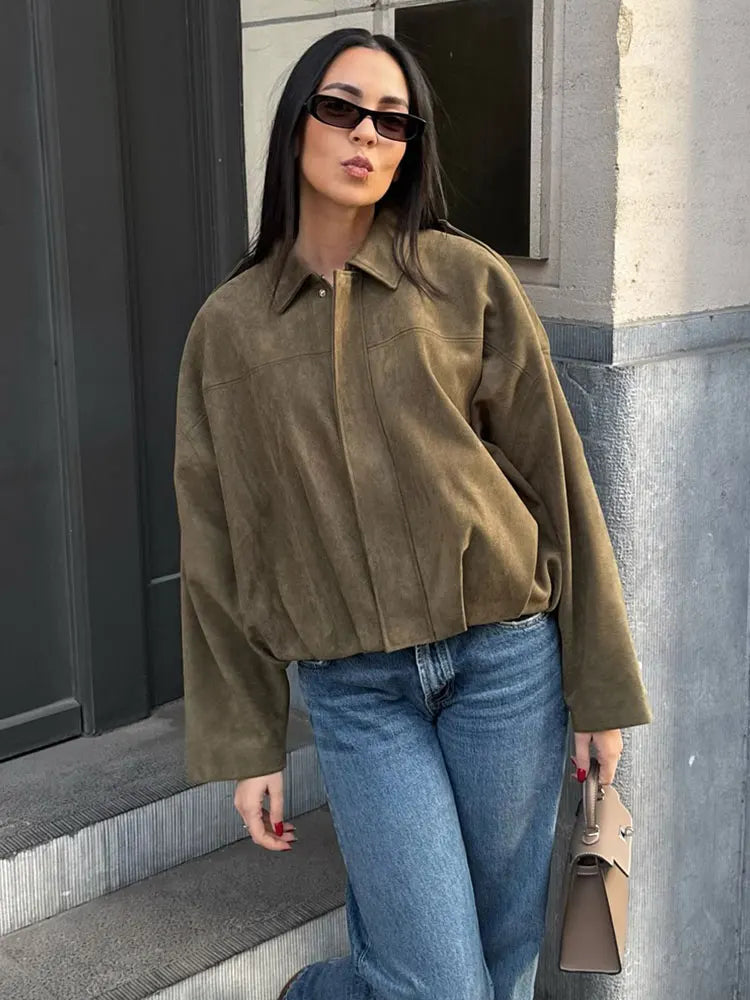 Vintage Suede Bomber Jacket  Oversized Brown Green Design - Product example