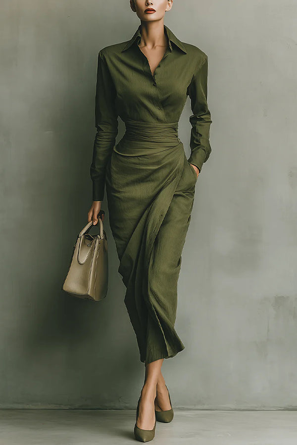 Women's Green Linen Midi Shirt Dress - Long Sleeve and Wrap Waist Detail