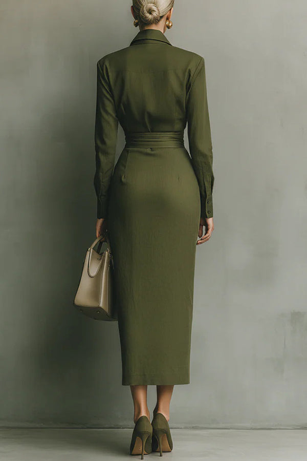 Women's Green Linen Midi Shirt Dress - Long Sleeve and Wrap Waist Detail