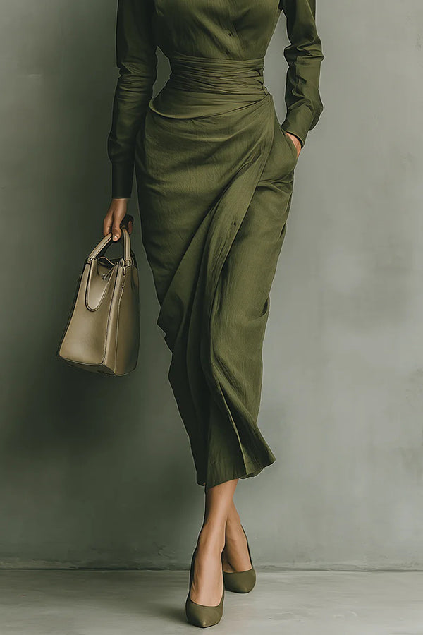 Women's Green Linen Midi Shirt Dress - Long Sleeve and Wrap Waist Detail
