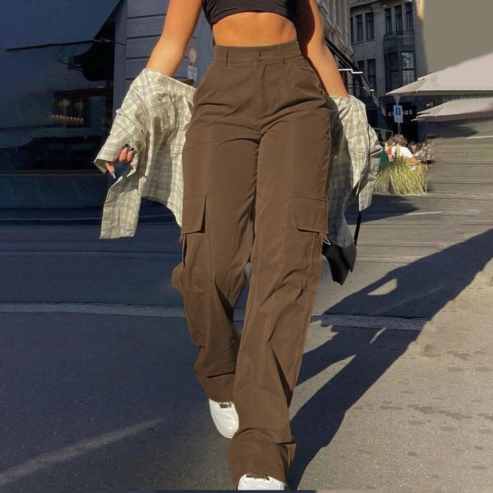 Women's High-Waist Relaxed Fit Cargo Trousers - Soft Woven Texture