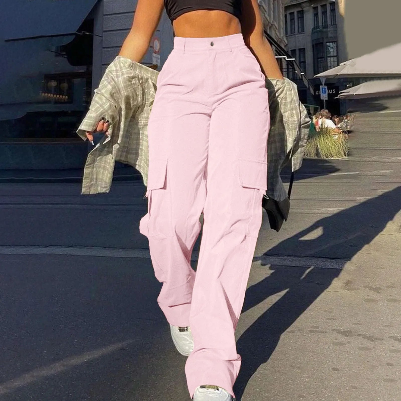 Women's High-Waist Relaxed Fit Cargo Trousers - Soft Woven Texture