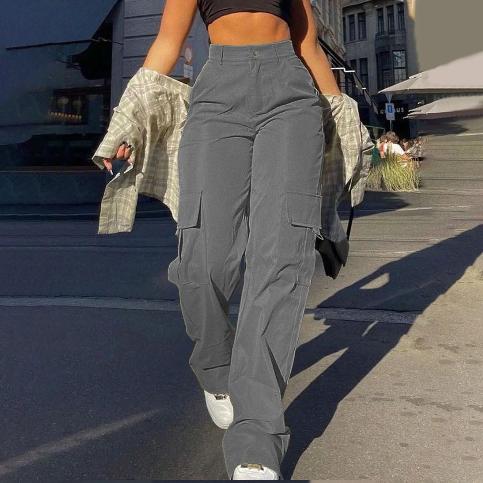 Women's High-Waist Relaxed Fit Cargo Trousers - Soft Woven Texture