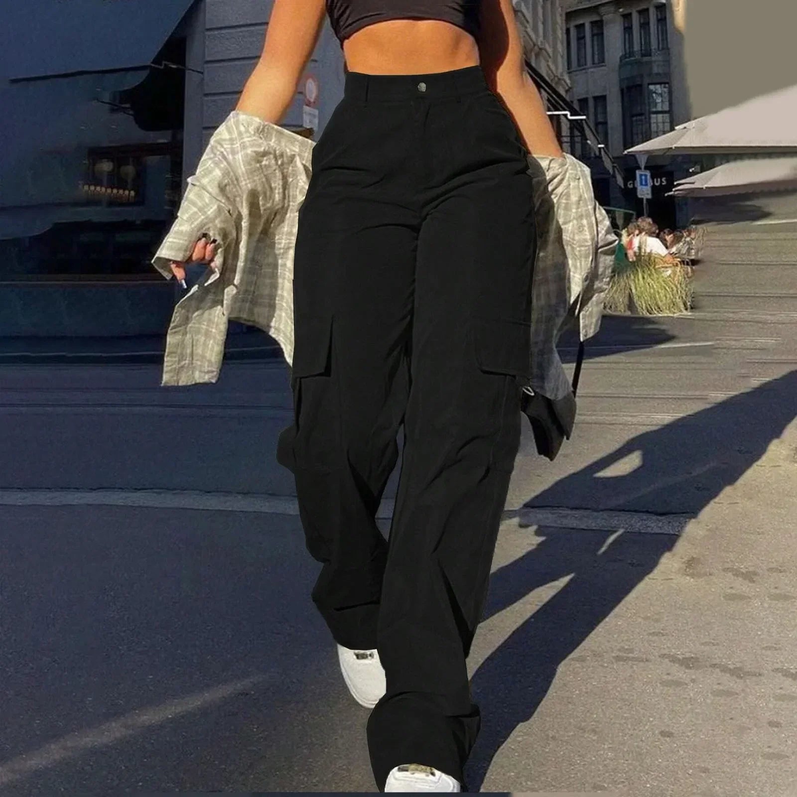 Women's High-Waist Relaxed Fit Cargo Trousers - Soft Woven Texture