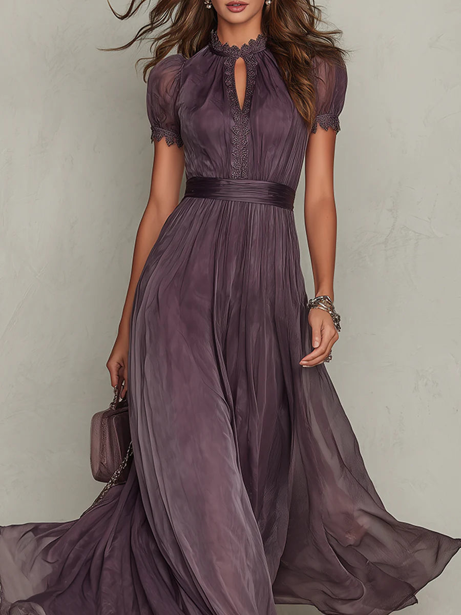 Long Purple Drop-Neck Dress with Chiffon Lace Trim