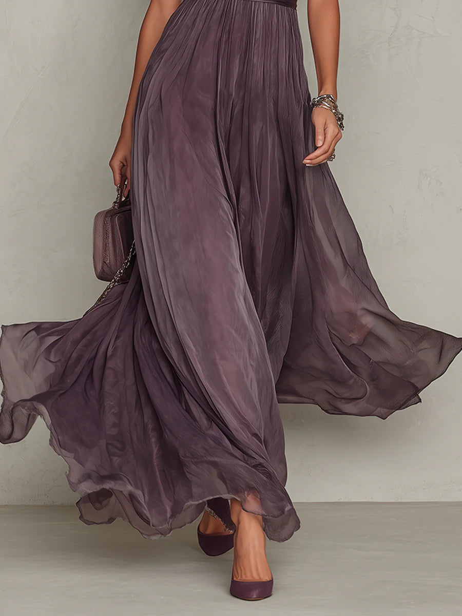 Long Purple Drop-Neck Dress with Chiffon Lace Trim