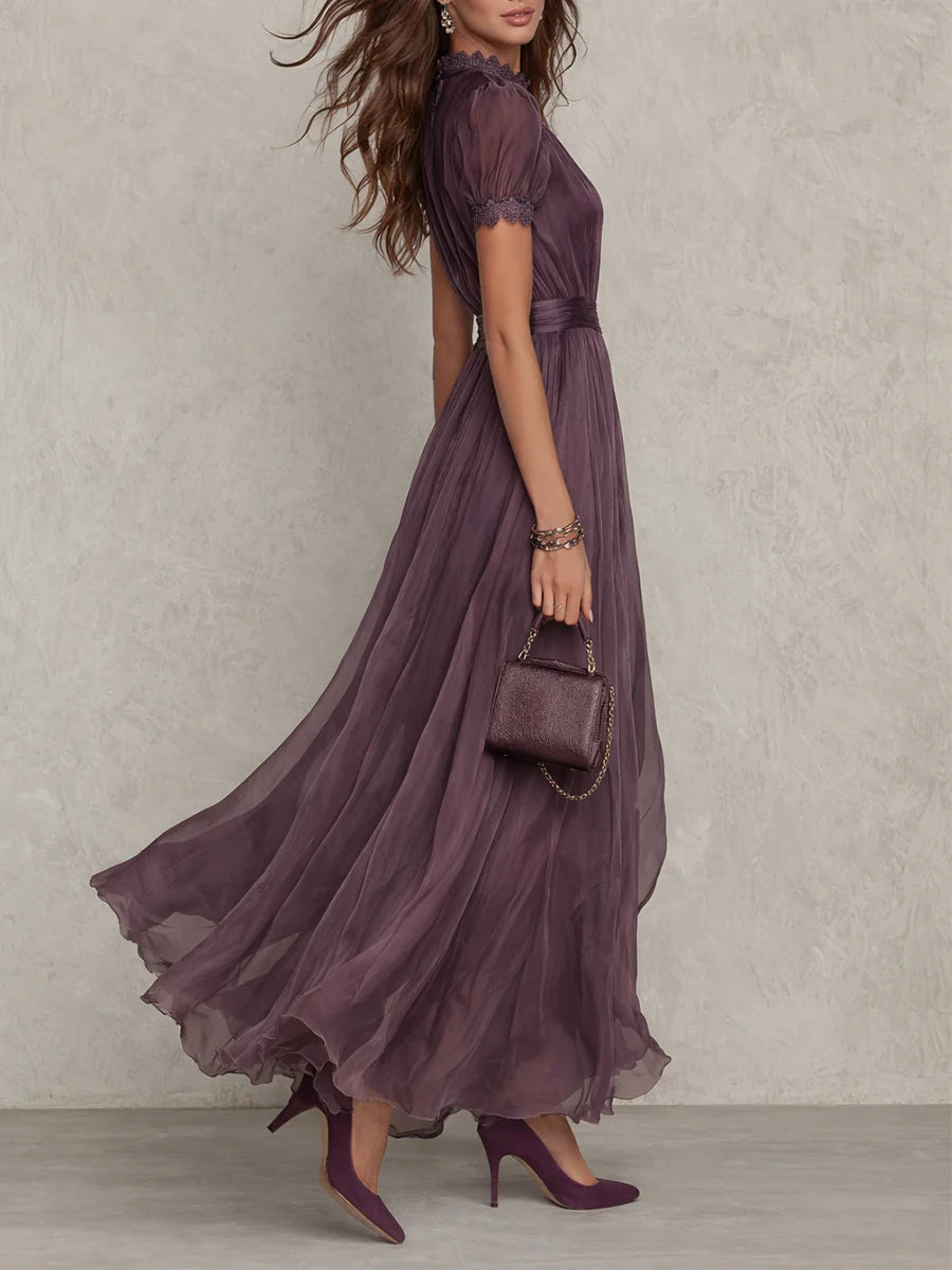 Long Purple Drop-Neck Dress with Chiffon Lace Trim