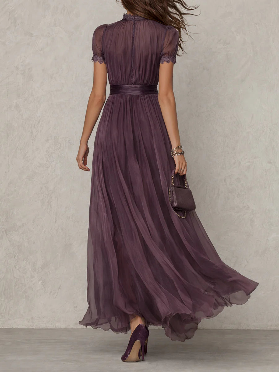 Long Purple Drop-Neck Dress with Chiffon Lace Trim