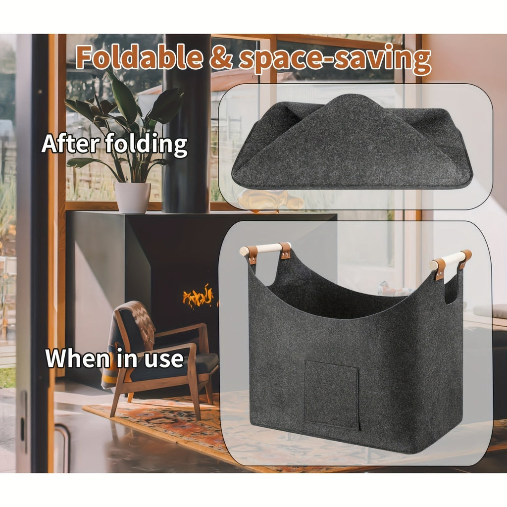 Felt Firewood Basket - Foldable, 55L Volume, Wooden Handles & Leather Details - Dark Gray
