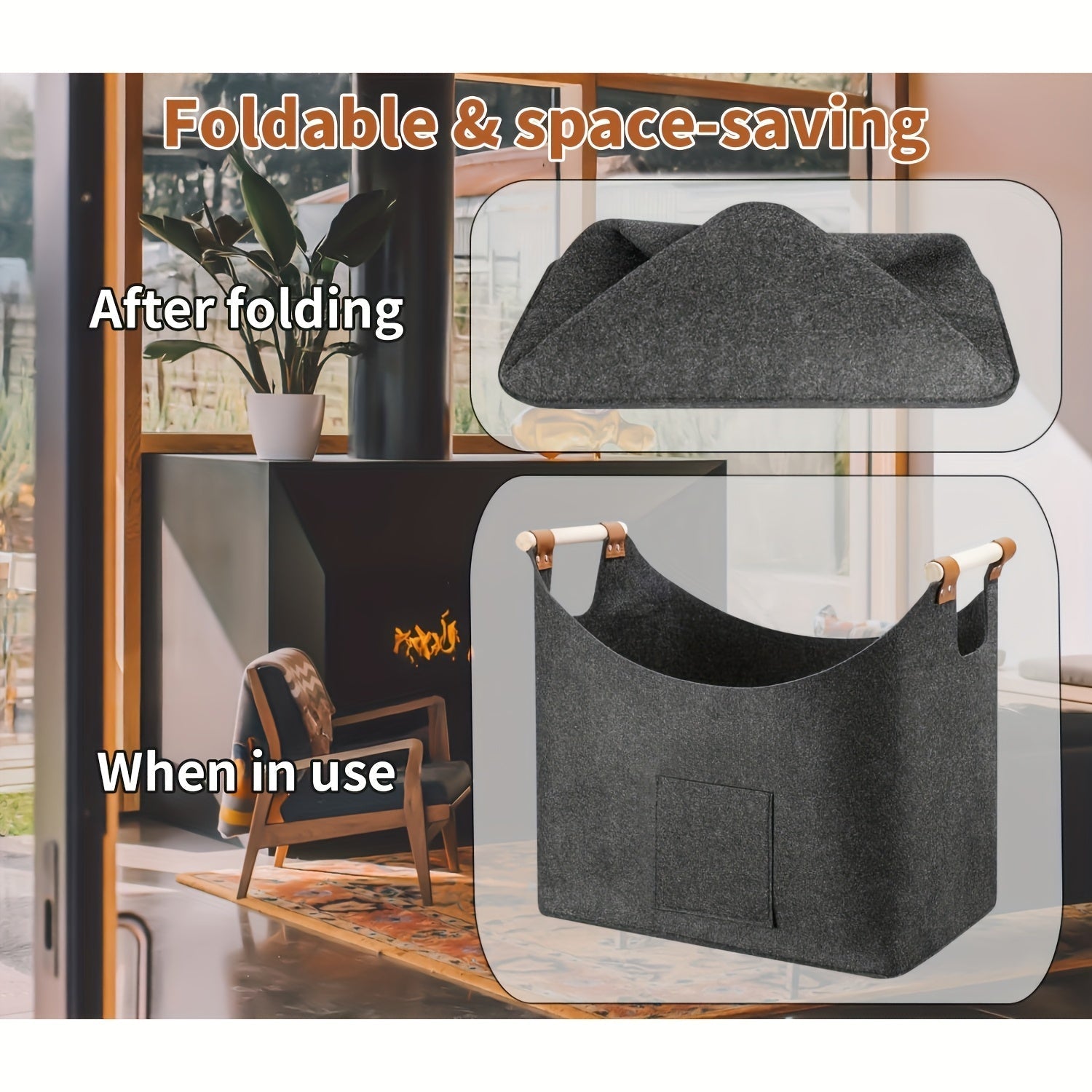 Felt Firewood Basket - Foldable, 55L Volume, Wooden Handles & Leather Details - Dark Gray