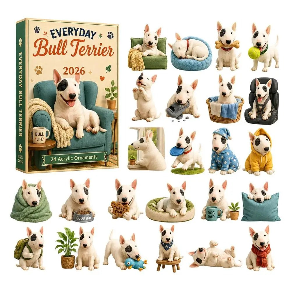 Bull Terrier Advent Calendar 2026, 24 days, 2D acrylic dog ornament, Christmas countdown decoration, gift for children, family and animal lovers