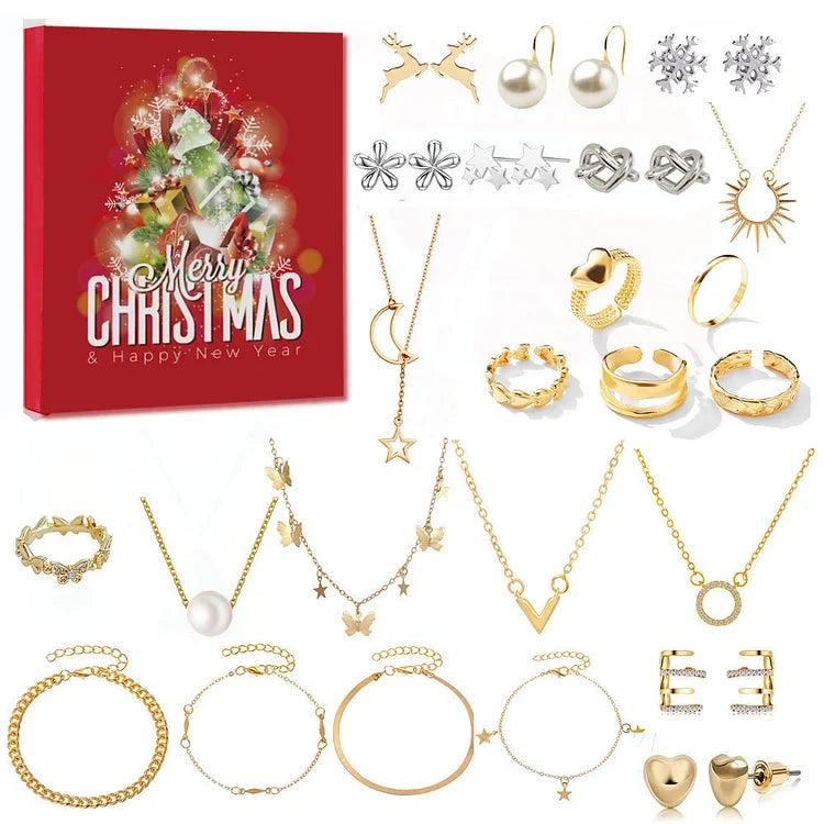Jewelry Advent Calendar with 24 Pieces of Gold and Silver Finished Necklaces Bracelets and Earrings Holiday Countdown Gift