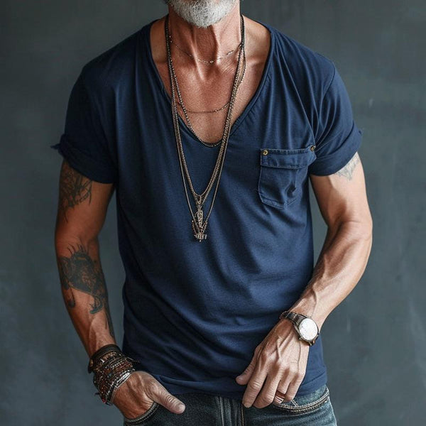 Men’s Cotton V-Neck T-Shirt | Soft Short Sleeve with Chest Pocket