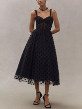 Women’s Tulle Polka Dot Midi Dress – Sleeveless Sweetheart Bustier A-Line for Parties & Holidays