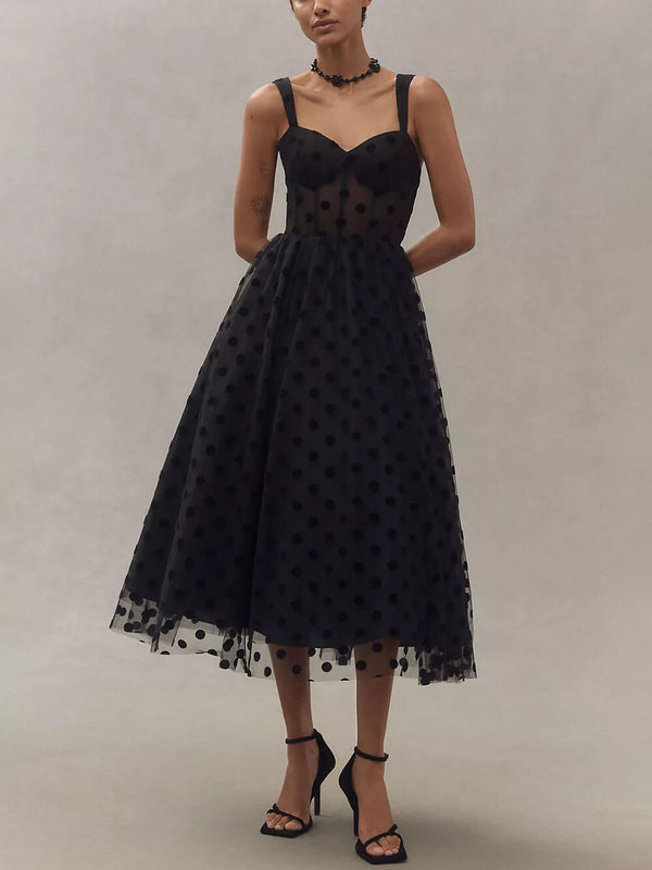 Women’s Tulle Polka Dot Midi Dress – Sleeveless Sweetheart Bustier A-Line for Parties & Holidays