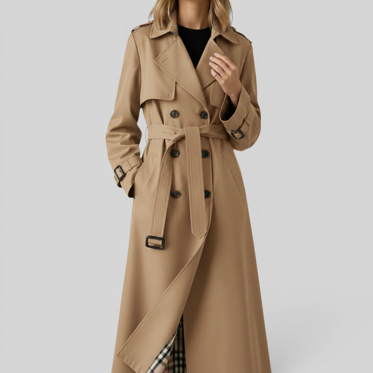 Double Breasted Belted Maxi Trench Coat with Storm Flap