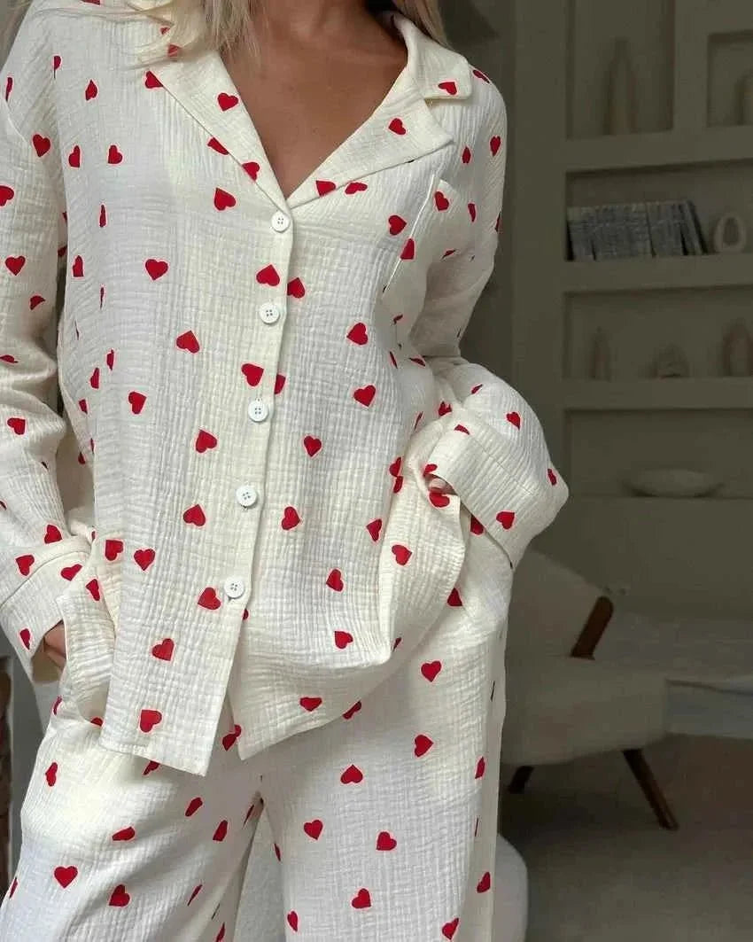 Women's Heart Print Pyjama Set | Relaxed Fit Two Piece Loungewear | Wide Leg Trousers & Button Shirt | Sleepwear Home Comfort
