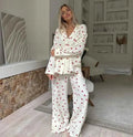 Women's Heart Print Pyjama Set | Relaxed Fit Two Piece Loungewear | Wide Leg Trousers & Button Shirt | Sleepwear Home Comfort