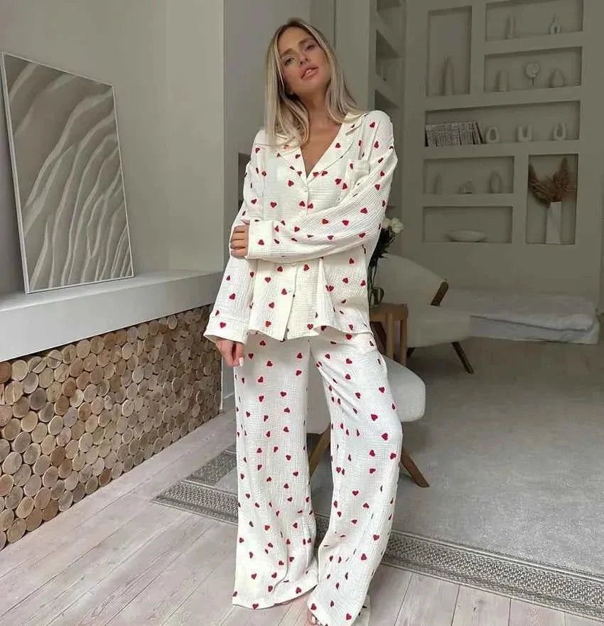 Women's Heart Print Pyjama Set | Relaxed Fit Two Piece Loungewear | Wide Leg Trousers & Button Shirt | Sleepwear Home Comfort