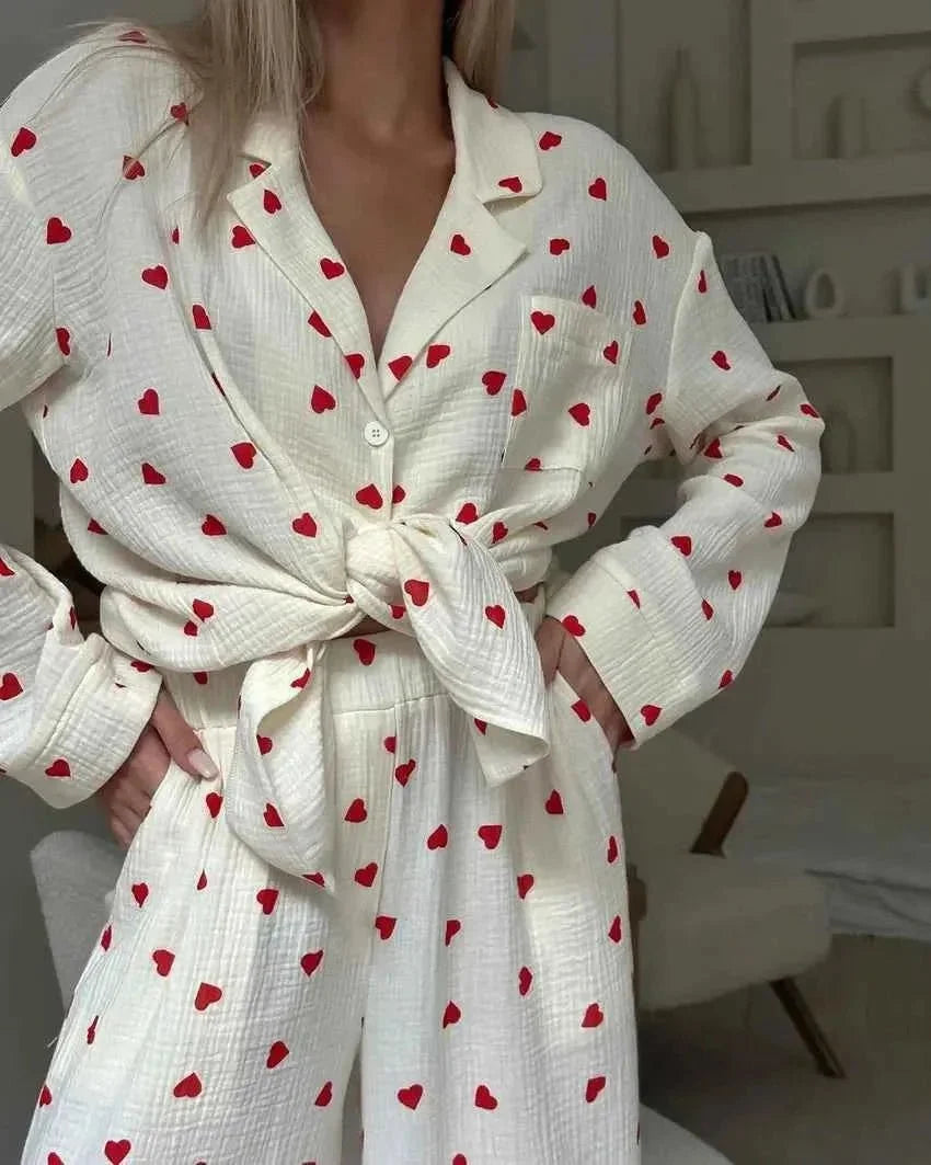 Women's Heart Print Pyjama Set | Relaxed Fit Two Piece Loungewear | Wide Leg Trousers & Button Shirt | Sleepwear Home Comfort
