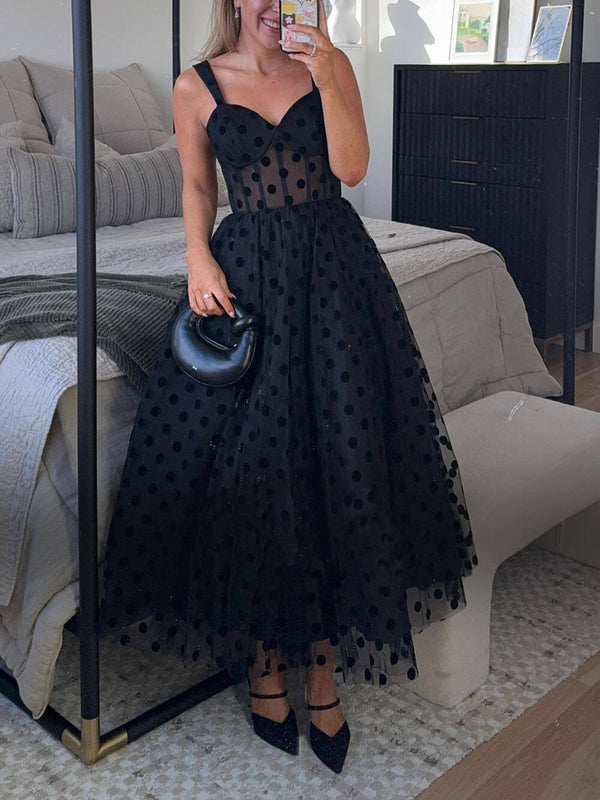 Women’s Tulle Polka Dot Midi Dress – Sleeveless Sweetheart Bustier A-Line for Parties & Holidays
