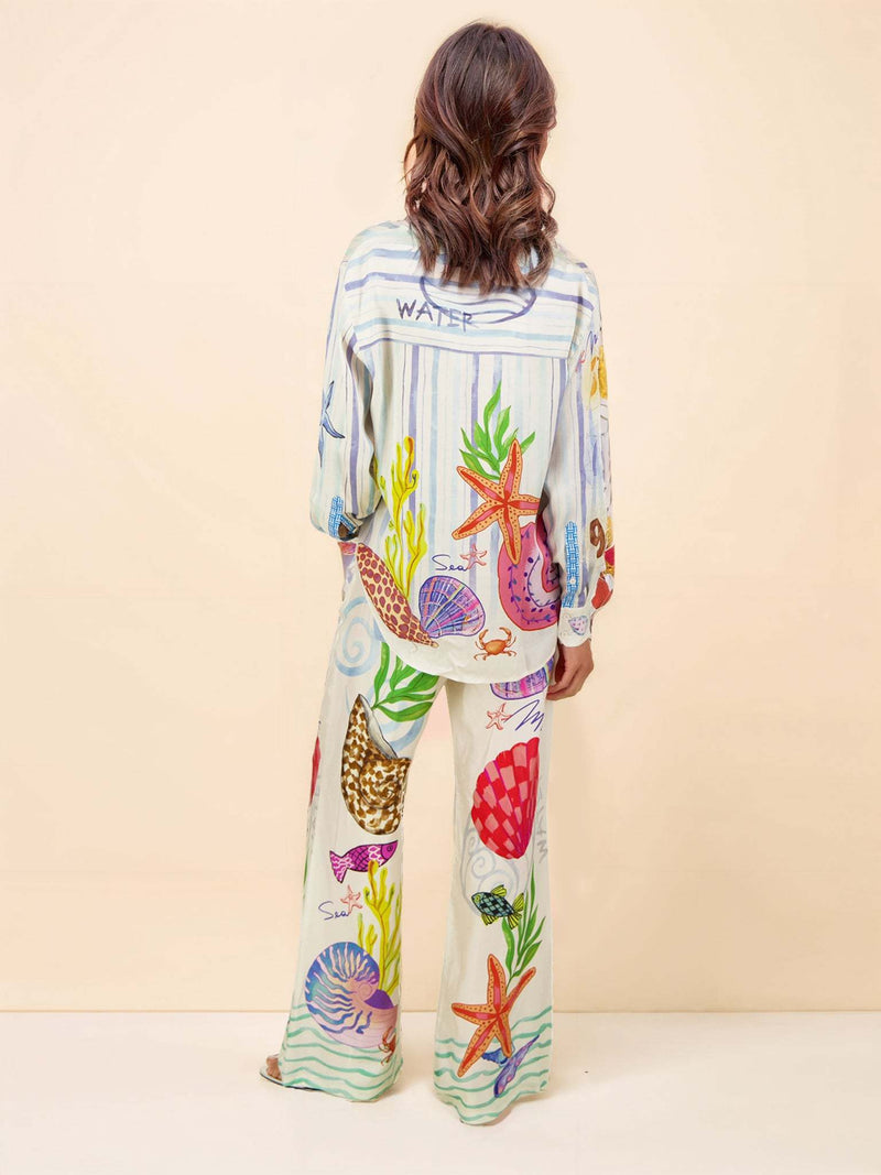 Women’s Ocean Print Trousers Set | Relaxed Fit Holiday Co-ord with Long Sleeve Top
