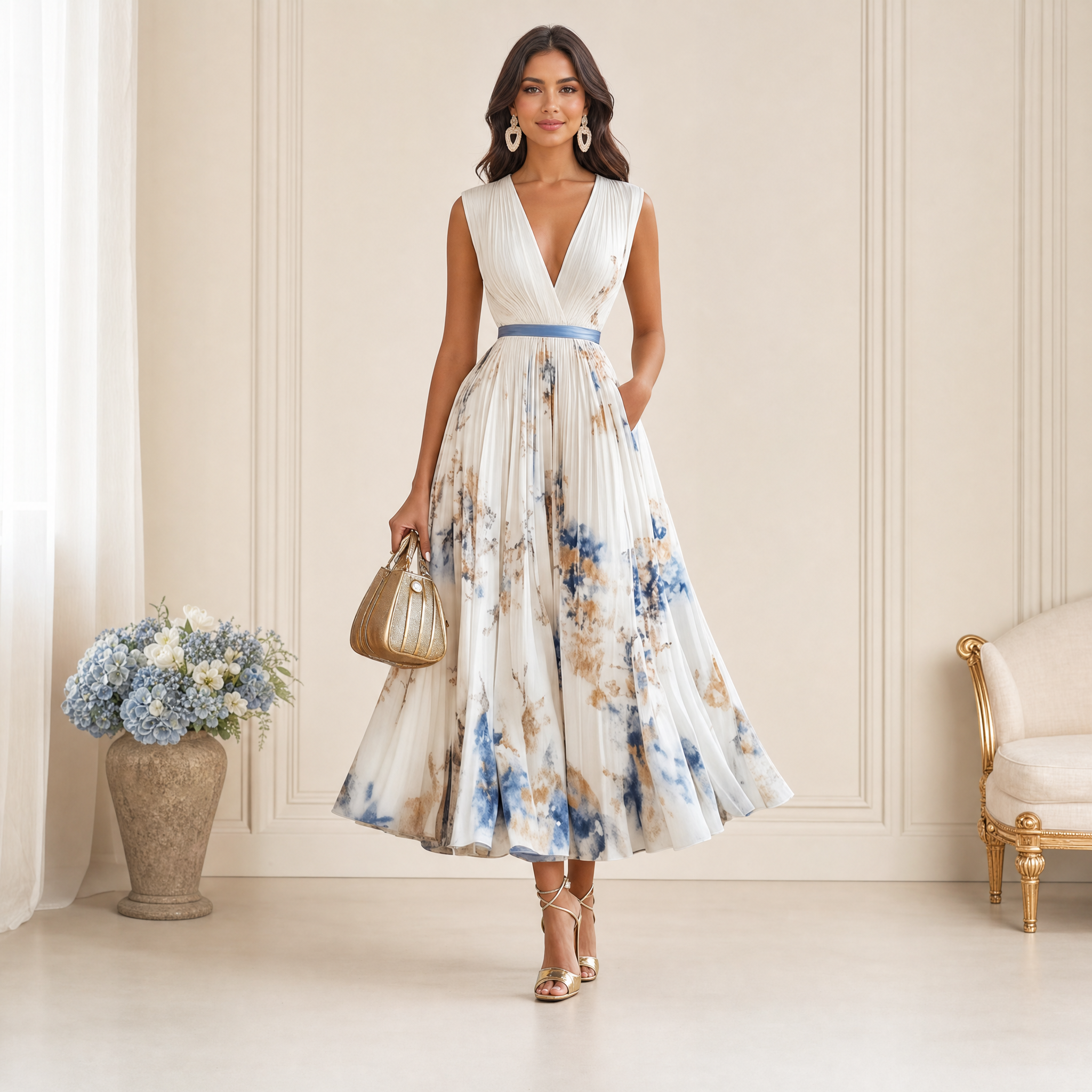 Abito lungo floreale da donna – Abito estivo fluido con maniche lunghe e scollo a V