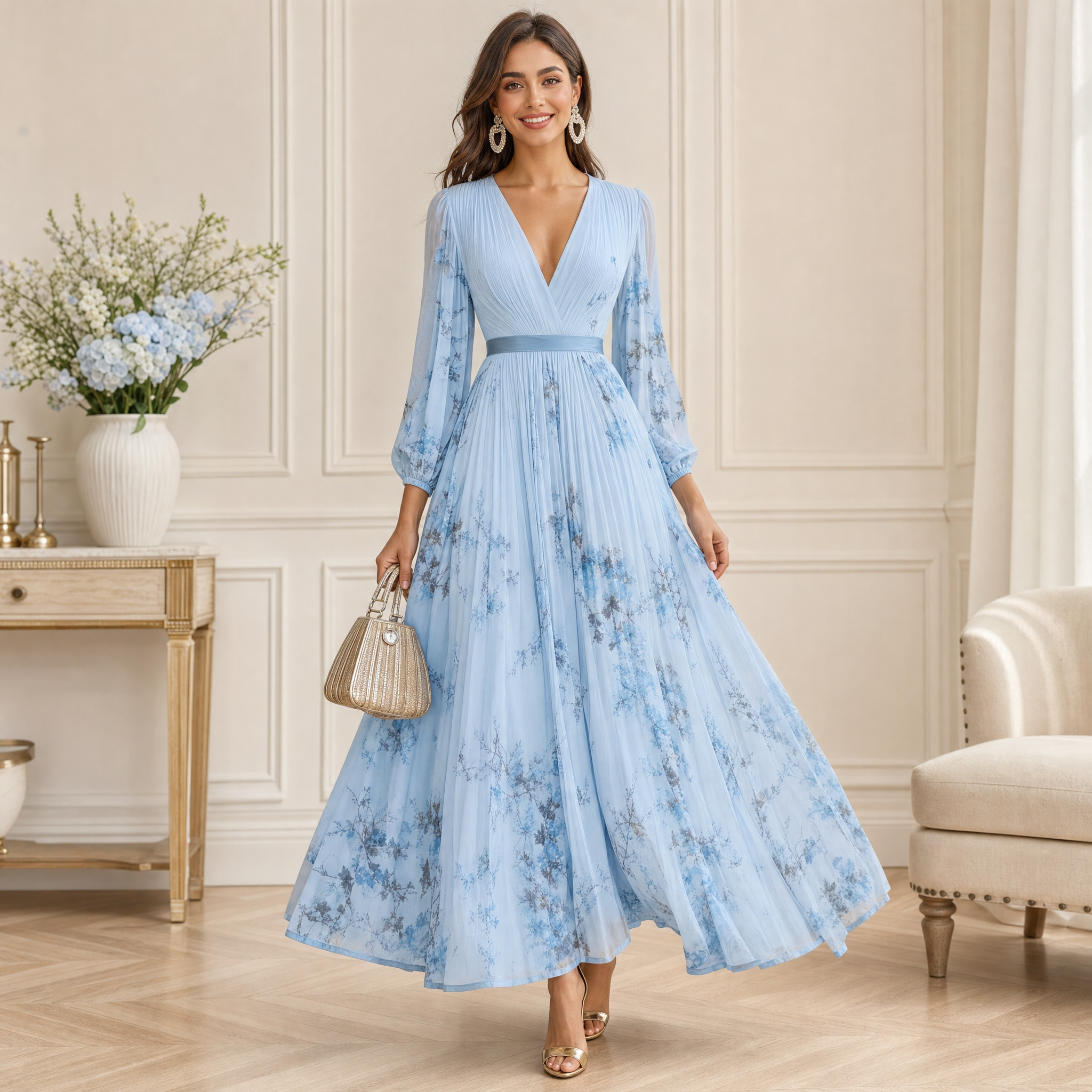 Abito lungo floreale da donna – Abito estivo fluido con maniche lunghe e scollo a V