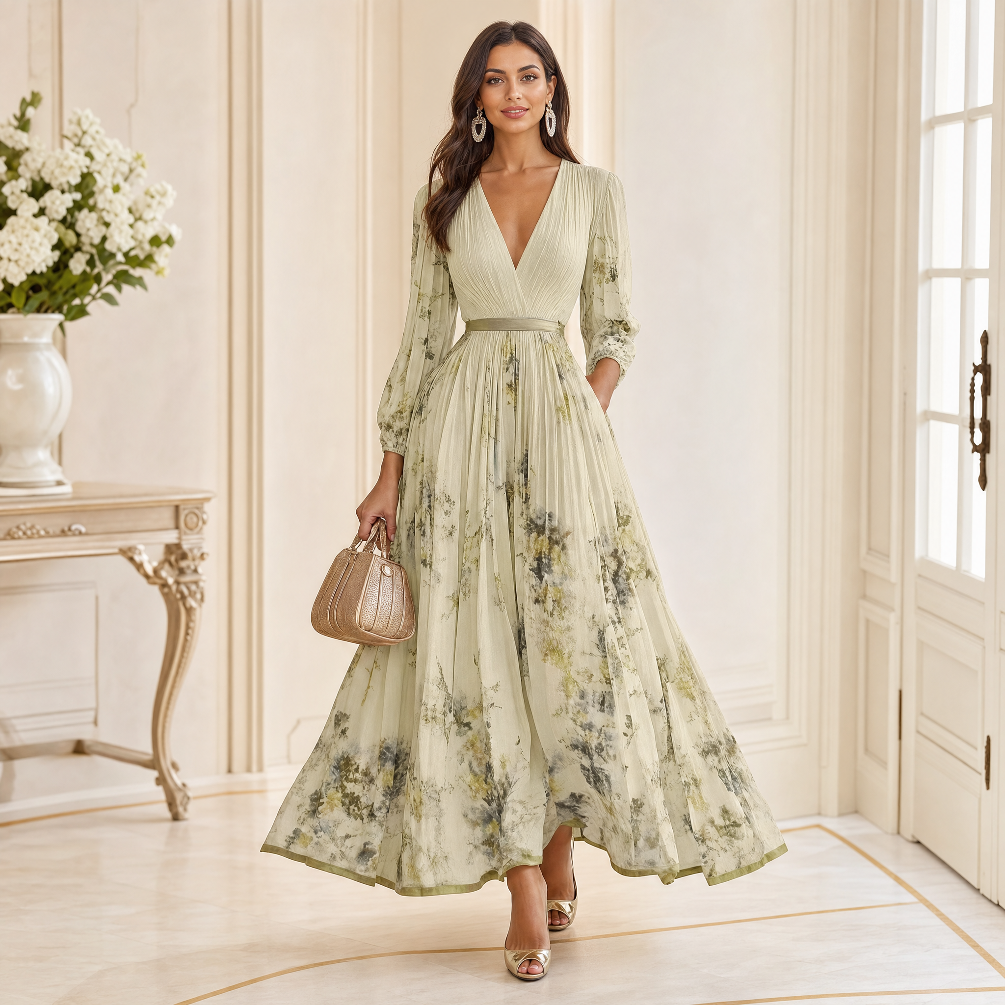 Abito lungo floreale da donna – Abito estivo fluido con maniche lunghe e scollo a V