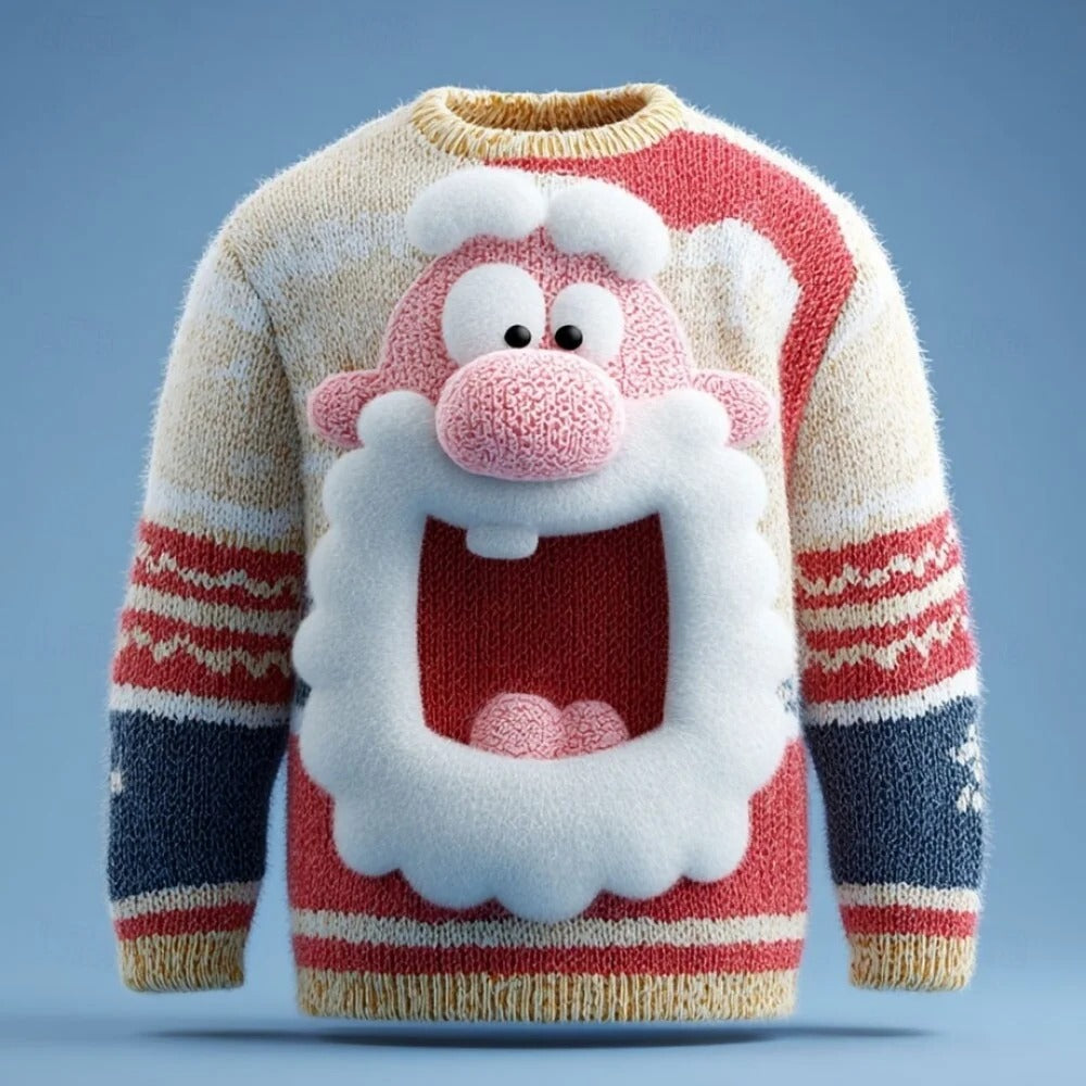 Men's Christmas Sweater – 3D Santa Claus Face Fuzzy Knit Pullover with Long Sleeves