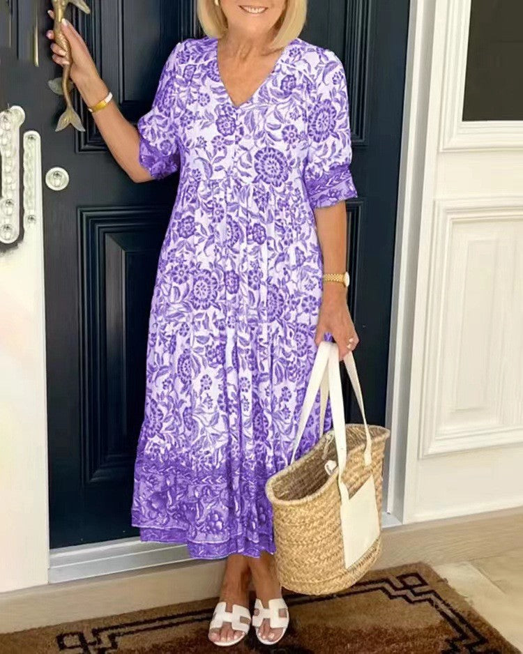 Abito floreale elegante con scollo a V