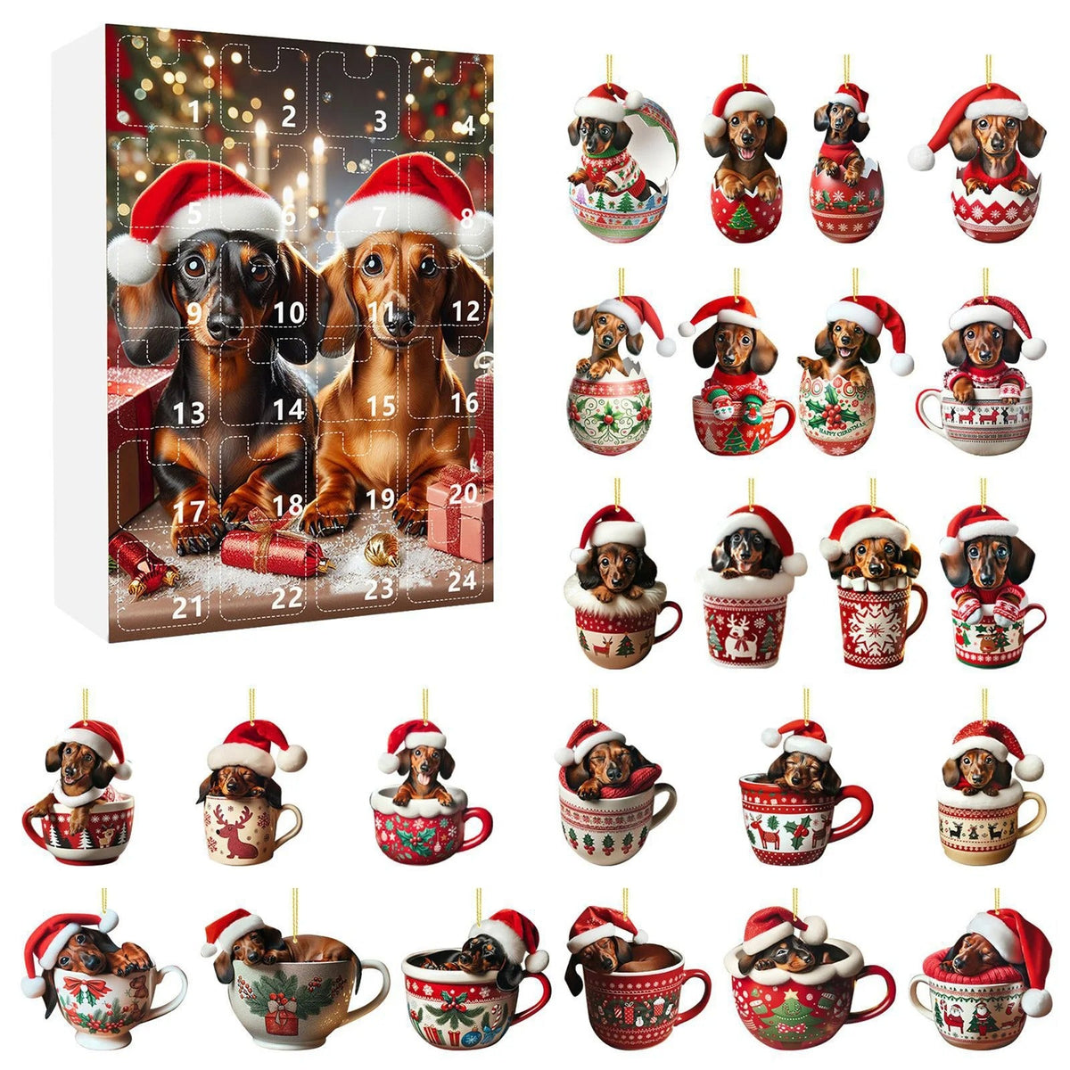 2026 Christmas 24 Day Advent Calendar 2D Acrylic Dachshund Christmas Tree Hanging Ornament Christmas Hanging Hanger Decoration
