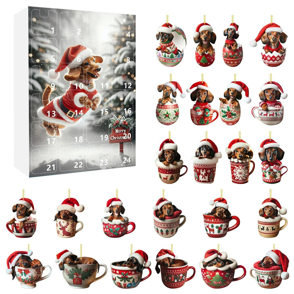2026 Christmas 24 Day Advent Calendar 2D Acrylic Dachshund Christmas Tree Hanging Ornament Christmas Hanging Hanger Decoration