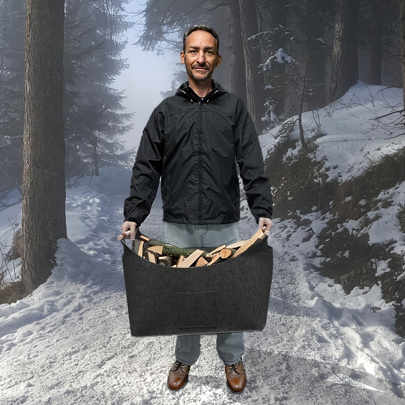 Felt Firewood Basket - Foldable, 55L Volume, Wooden Handles & Leather Details - Dark Gray