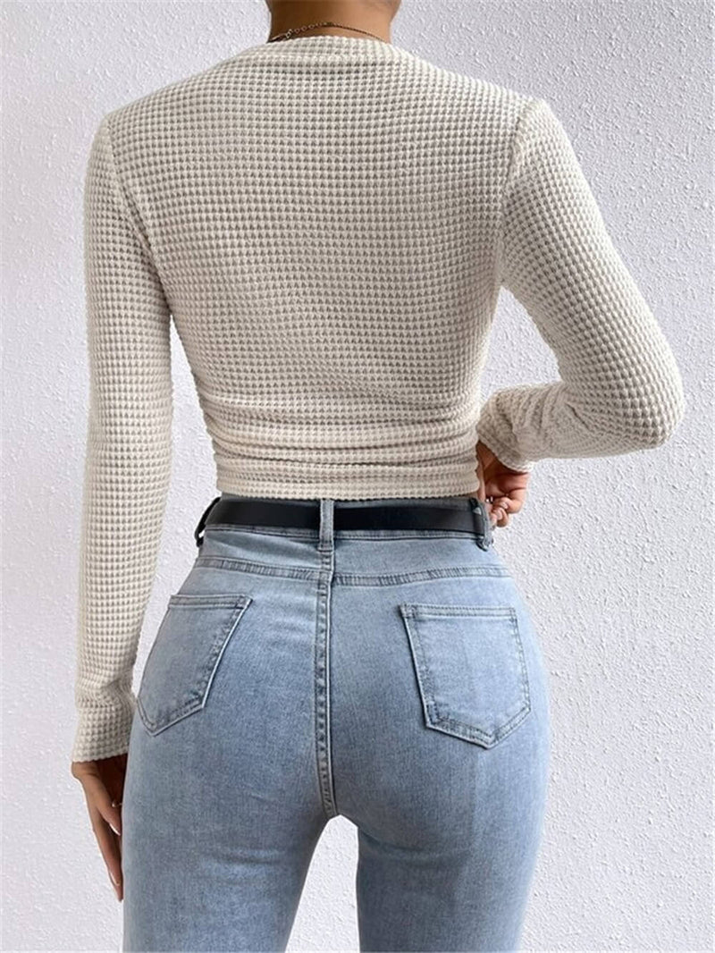 Women’s Waffle Pleated Top | Solid Colour Long Sleeve Style for Everyday Wear