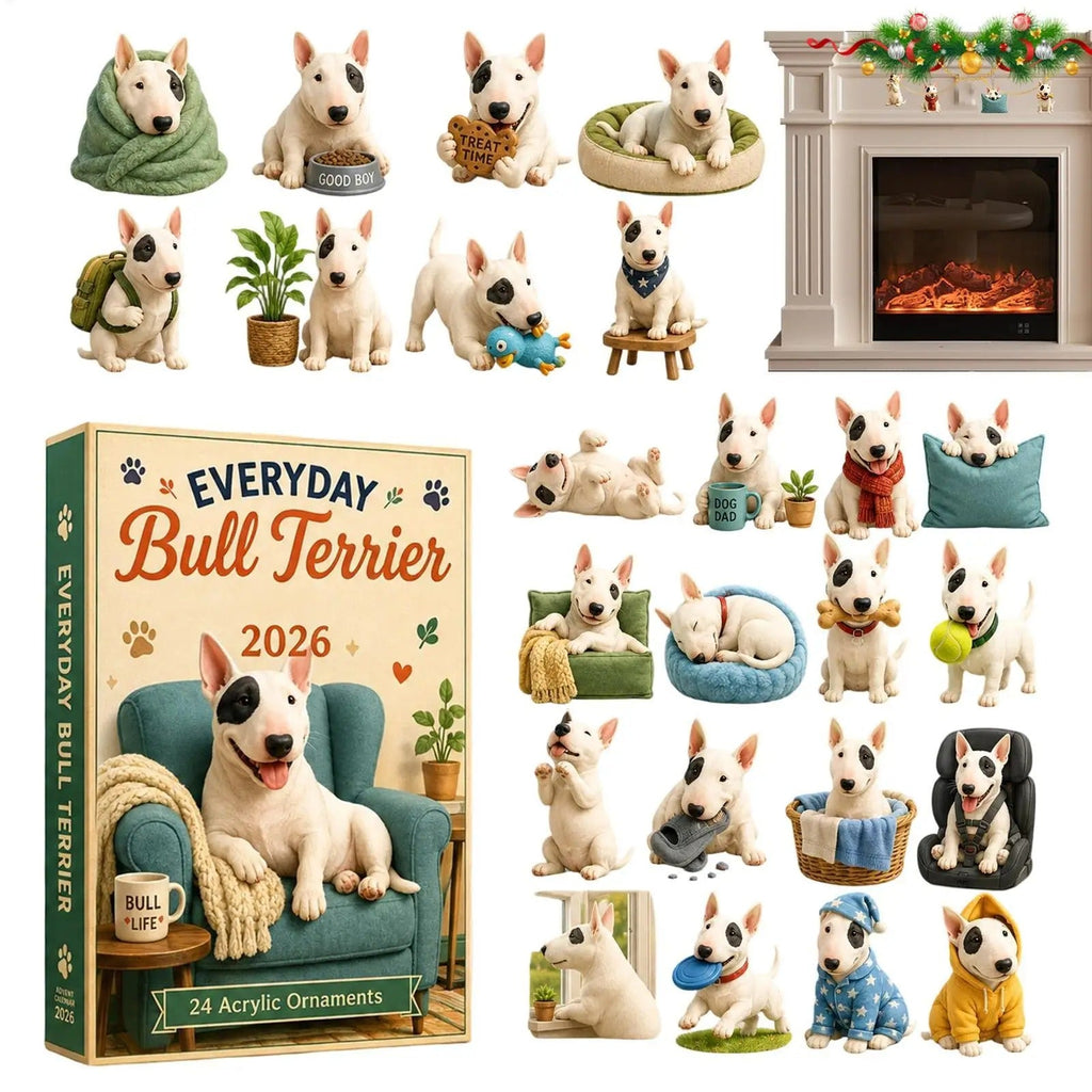 Bull Terrier Advent Calendar 2026, 24 days, 2D acrylic dog ornament, Christmas countdown decoration, gift for children, family and animal lovers