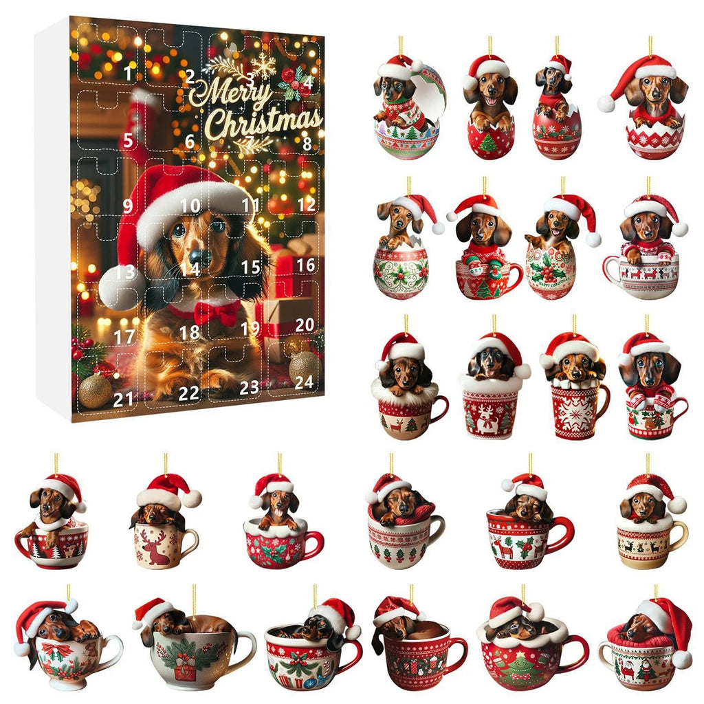 2026 Christmas 24 Day Advent Calendar 2D Acrylic Dachshund Christmas Tree Hanging Ornament Christmas Hanging Hanger Decoration