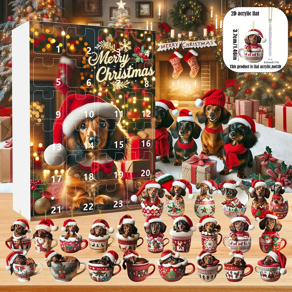 2026 Christmas 24 Day Advent Calendar 2D Acrylic Dachshund Christmas Tree Hanging Ornament Christmas Hanging Hanger Decoration