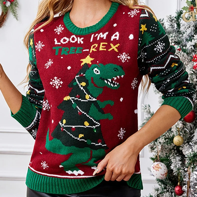 Women's Christmas Dinosaur Sweater – Funny “Look I'm a Tree-Rex” Red and Green Knit Pullover