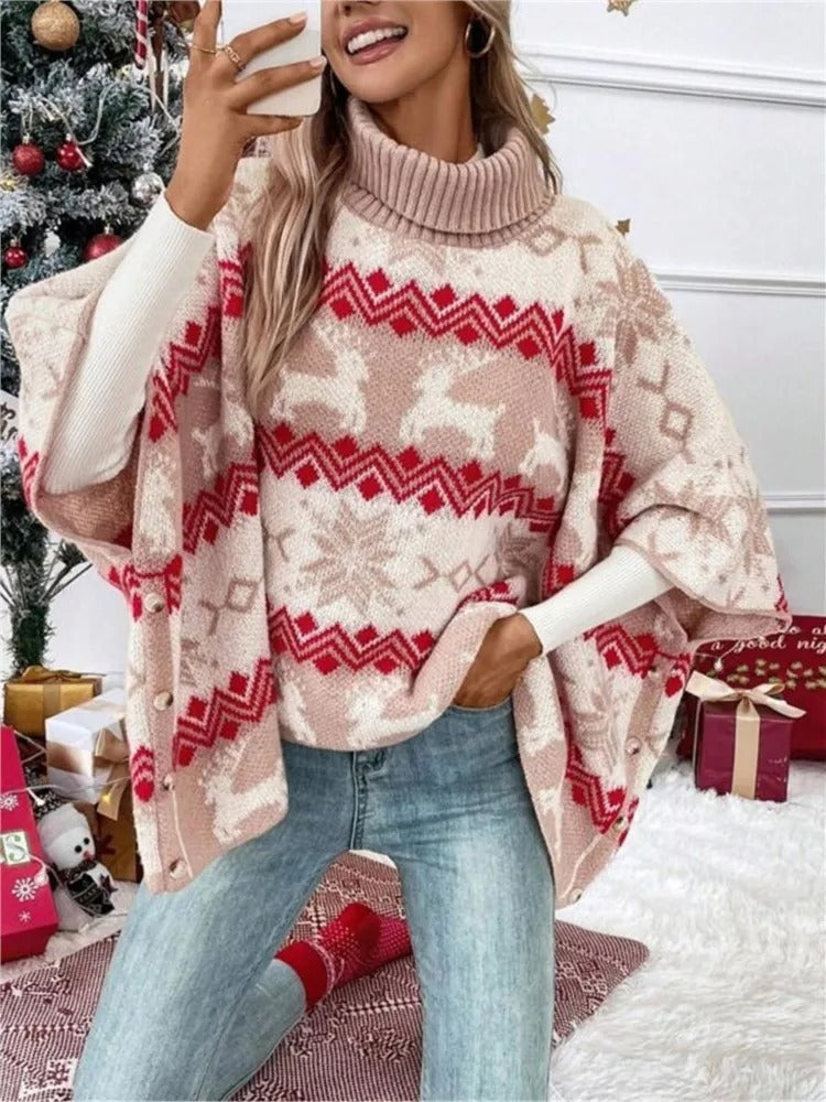 Women's Christmas Turtleneck Sweater – Loose Fit Batwing Sleeve Knit Pullover