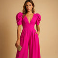 V-Neck Puff Sleeve Pleated Wide-Leg High-Waisted Jumpsuit