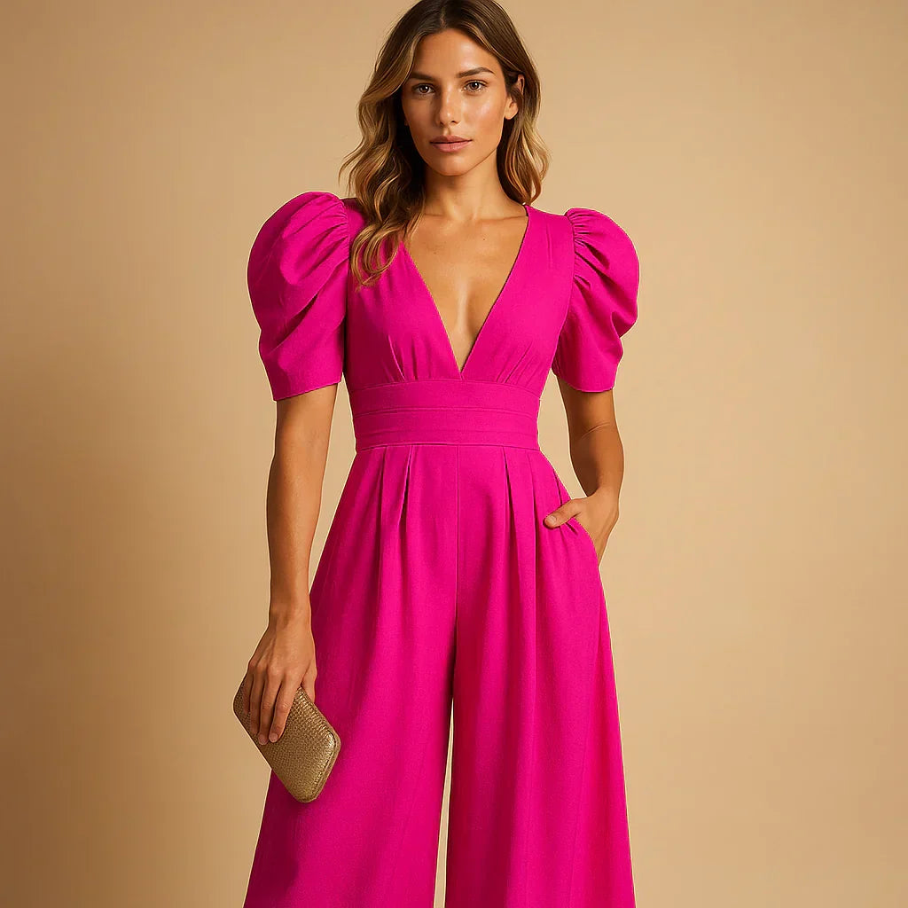 V-Neck Puff Sleeve Pleated Wide-Leg High-Waisted Jumpsuit