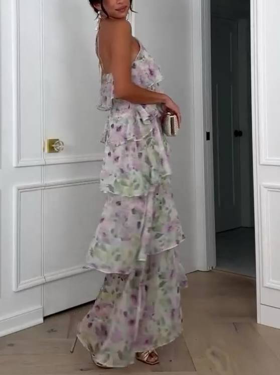 Women's Halter Neck Maxi Dress | Floral Ruffle Backless Wedding & Party Wear