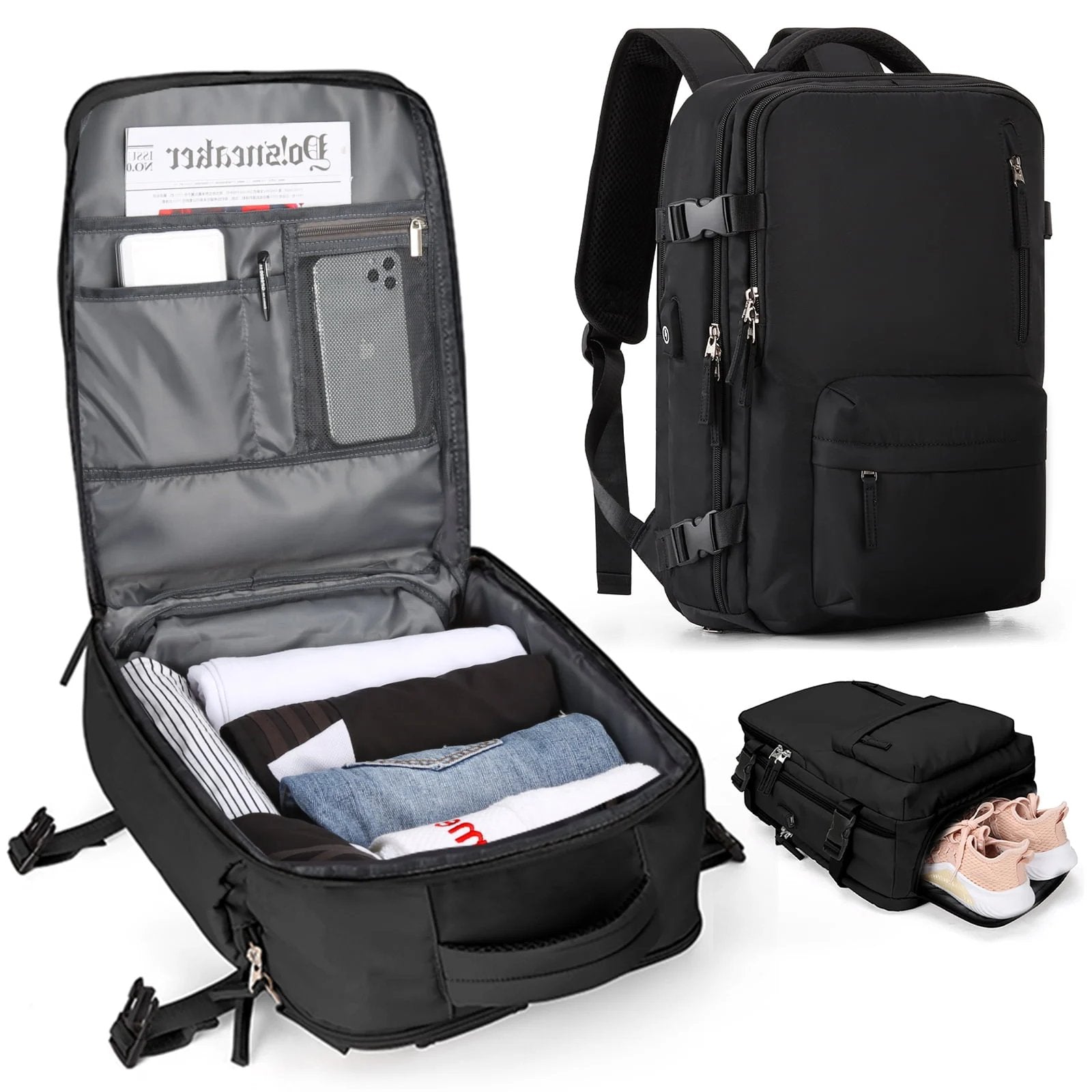 Damski plecak podróżny 35 l | Wodoodporny, z portem USB | Antykradzieżowy, z przegrodą na buty | Na piesze wycieczki, do codziennego użytku i w podróży