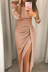 Women’s Off-Shoulder Satin Evening Dress | Ruched High Slit
