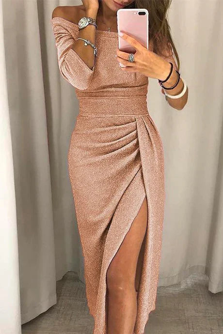 Women’s Off-Shoulder Satin Evening Dress | Ruched High Slit